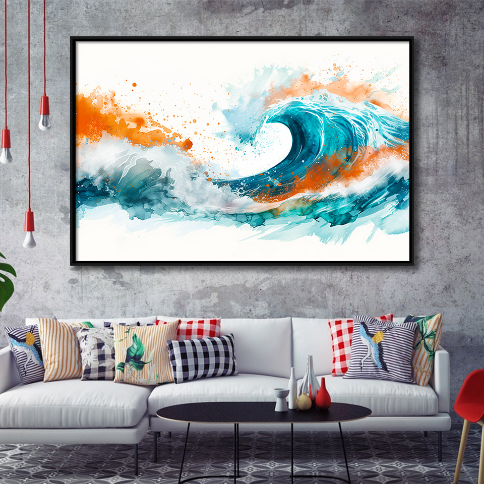 Turquoise Wave Watercolor Painting V1, Framed Canvas Painting, Framed Canvas Prints Wall Art Decor