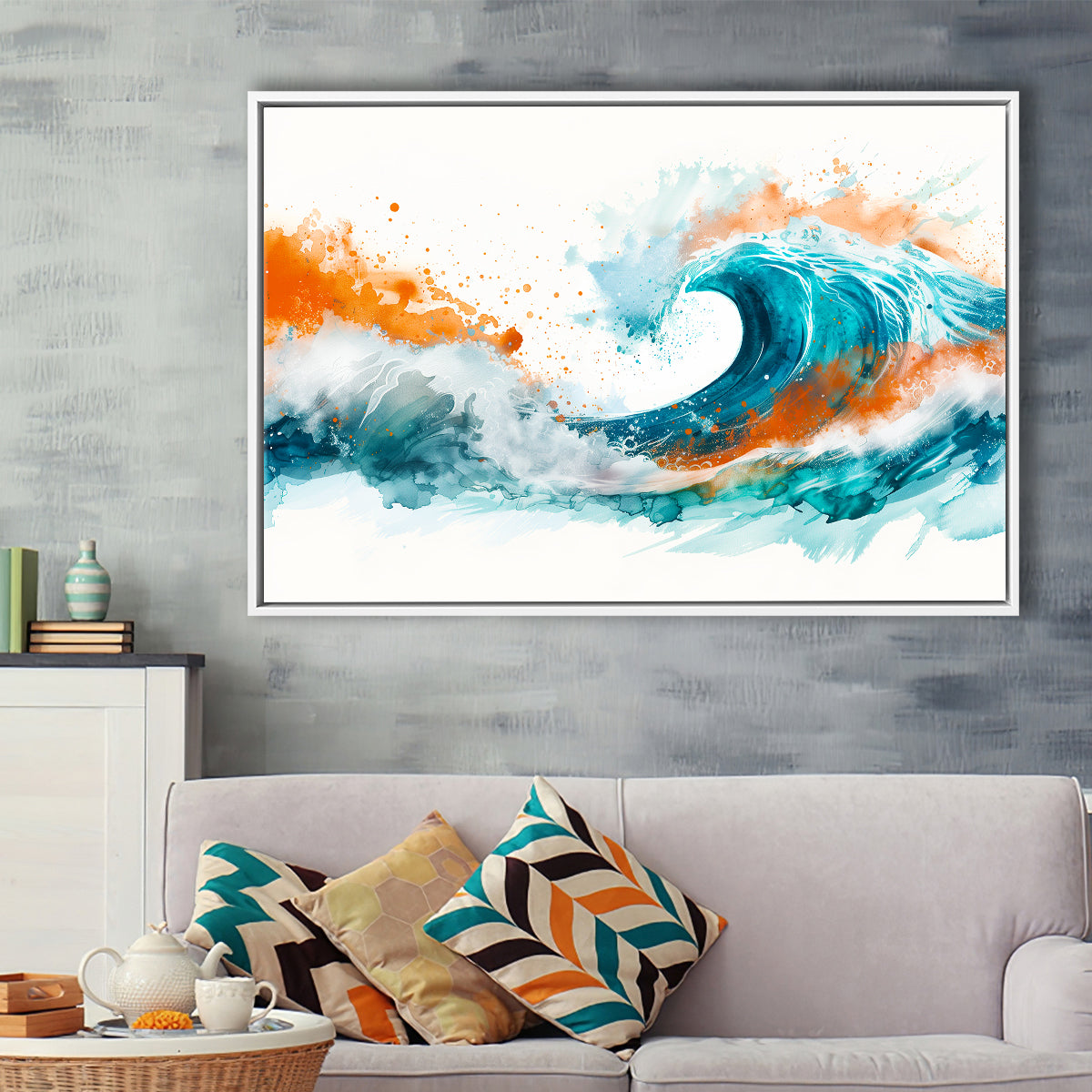 Turquoise Wave Watercolor Painting V1, Framed Canvas Painting, Framed Canvas Prints Wall Art Decor
