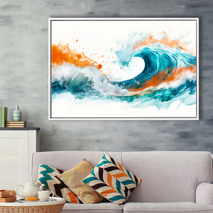 Turquoise Wave Watercolor Painting V1, Framed Canvas Painting, Framed Canvas Prints Wall Art Decor