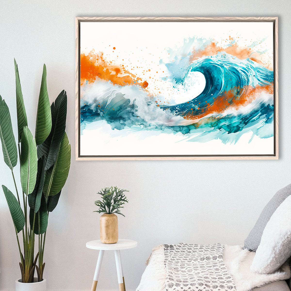 Turquoise Wave Watercolor Painting V1, Framed Canvas Painting, Framed Canvas Prints Wall Art Decor