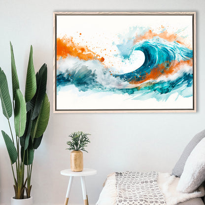 Turquoise Wave Watercolor Painting V1, Framed Canvas Painting, Framed Canvas Prints Wall Art Decor