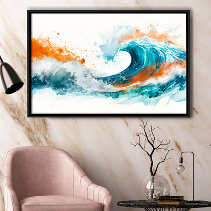 Turquoise Wave Watercolor Painting V1, Framed Canvas Painting, Framed Canvas Prints Wall Art Decor