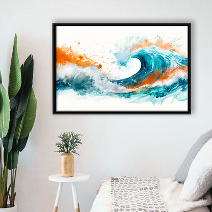 Turquoise Wave Watercolor Painting V1, Framed Canvas Painting, Framed Canvas Prints Wall Art Decor