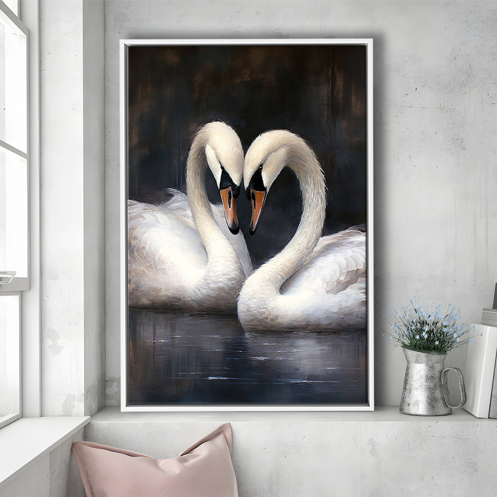 Two Swans Moody Vintage Art Print, Framed Canvas Print Wall Art, Floating Frame