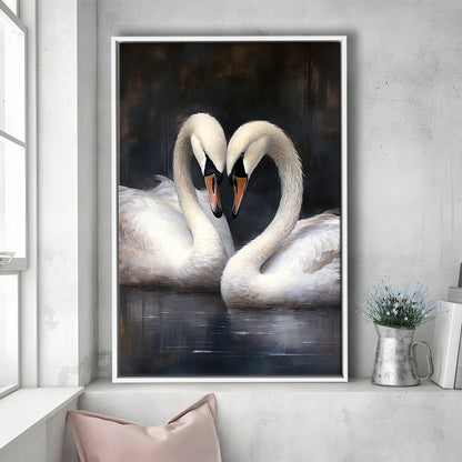 Two Swans Moody Vintage Art Print, Framed Canvas Print Wall Art, Floating Frame