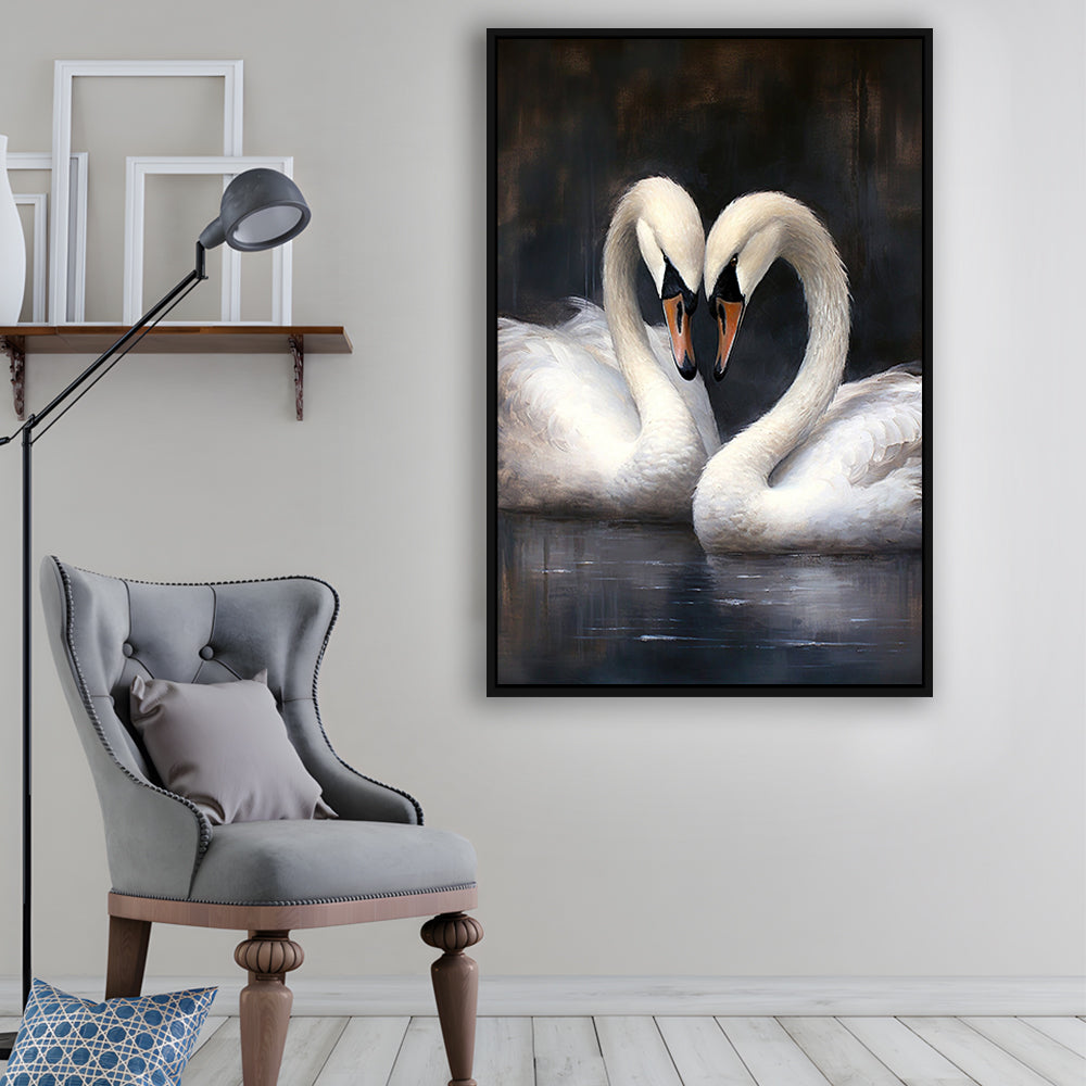Two Swans Moody Vintage Art Print, Framed Canvas Print Wall Art, Floating Frame