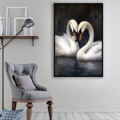 Two Swans Moody Vintage Art Print, Framed Canvas Print Wall Art, Floating Frame