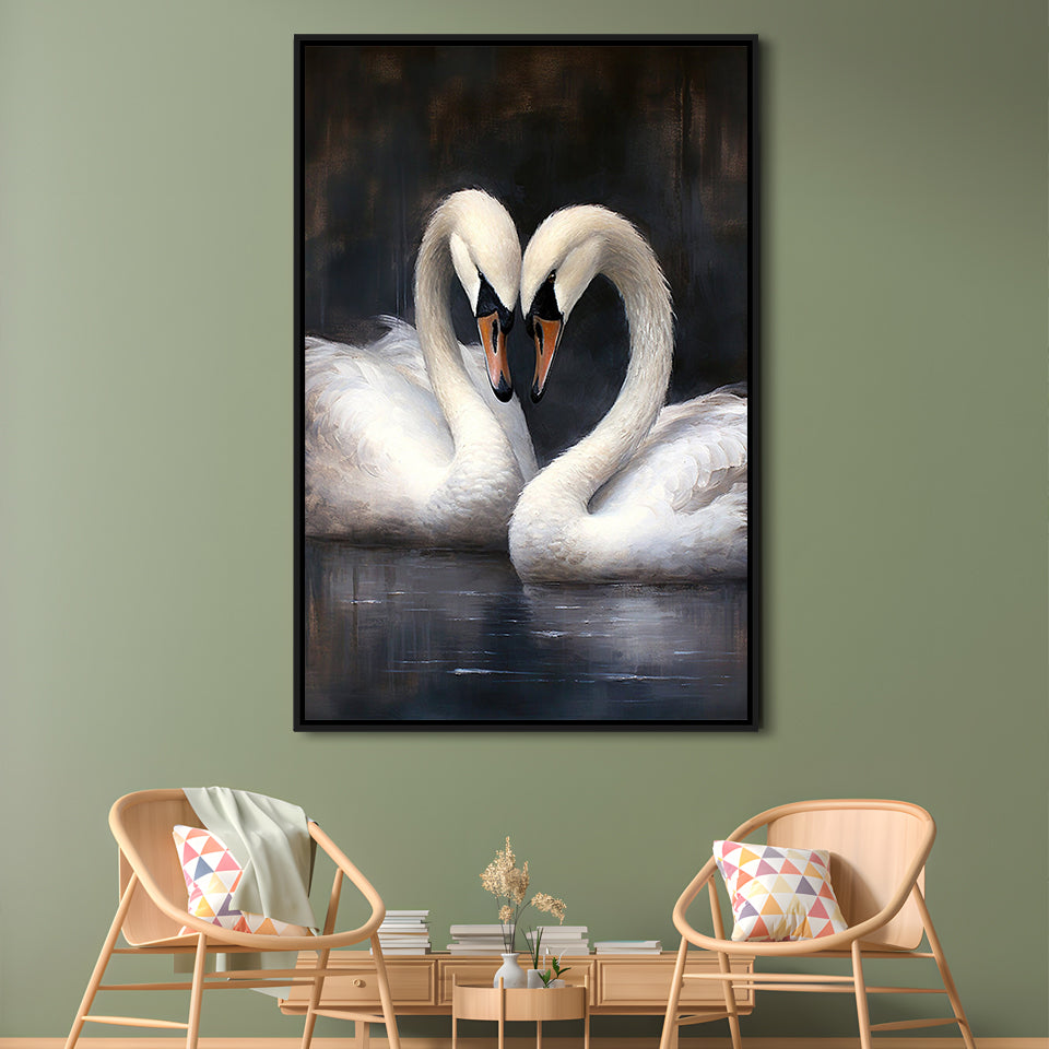 Two Swans Moody Vintage Art Print, Framed Canvas Print Wall Art, Floating Frame