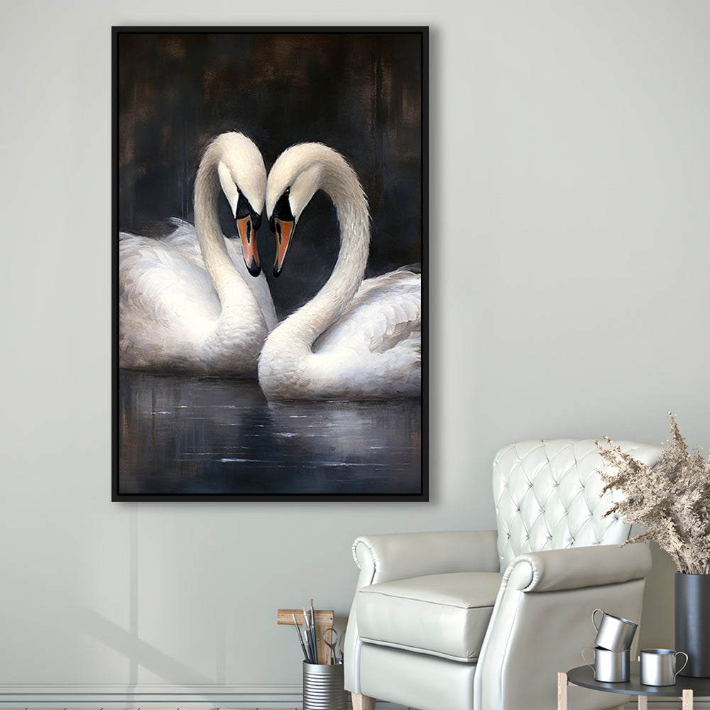 Two Swans Moody Vintage Art Print, Framed Canvas Print Wall Art, Floating Frame