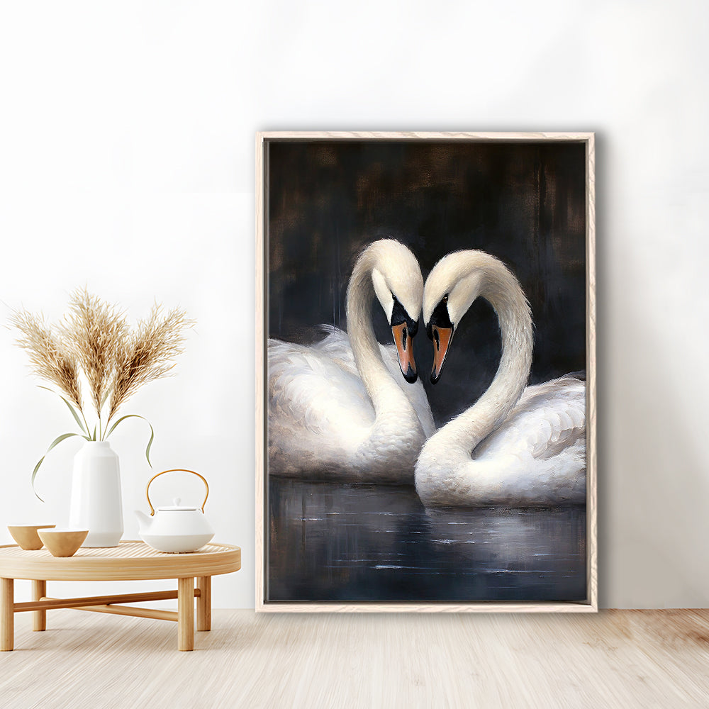 Two Swans Moody Vintage Art Print, Framed Canvas Print Wall Art, Floating Frame