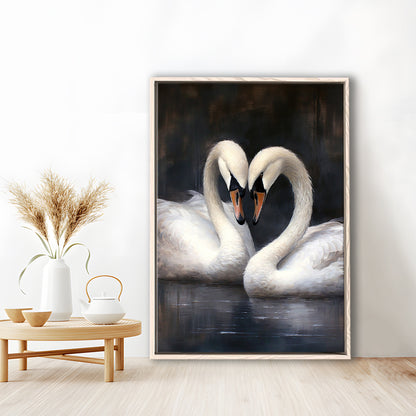 Two Swans Moody Vintage Art Print, Framed Canvas Print Wall Art, Floating Frame