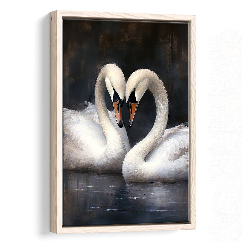 Two Swans Moody Vintage Art Print, Framed Canvas Print Wall Art, Floating Frame