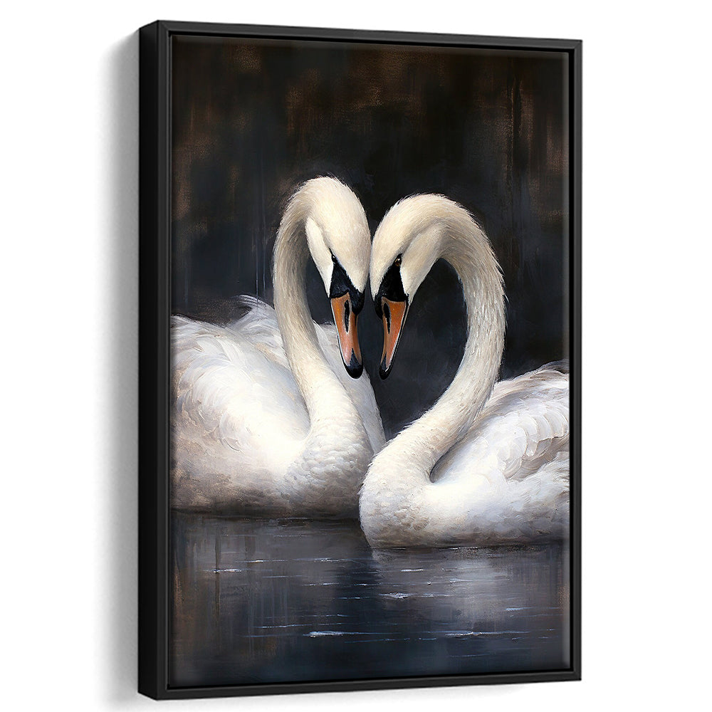Two Swans Moody Vintage Art Print, Framed Canvas Print Wall Art, Floating Frame