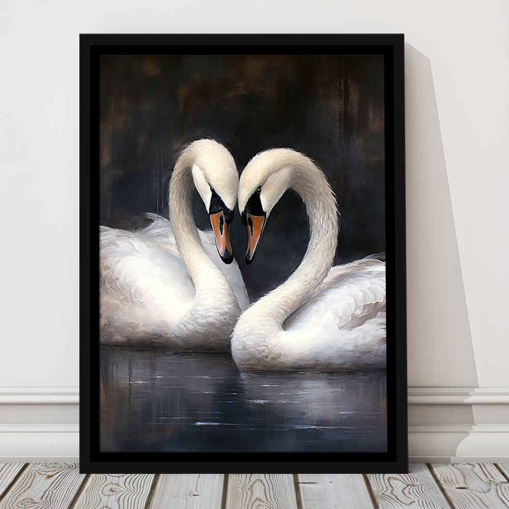 Two Swans Moody Vintage Art Print, Framed Canvas Print Wall Art, Floating Frame
