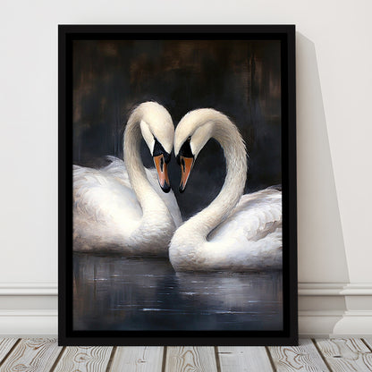 Two Swans Moody Vintage Art Print, Framed Canvas Print Wall Art, Floating Frame