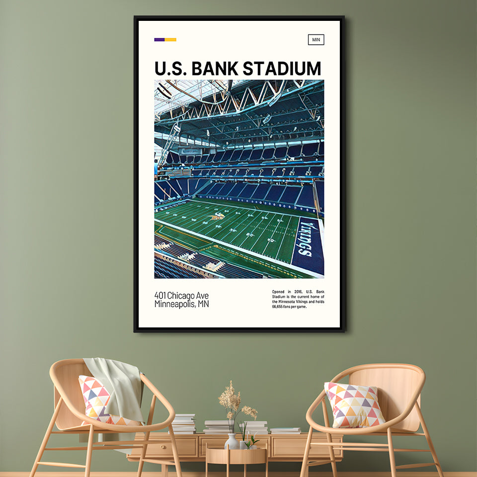U.S. Bank Stadium Print, Minnesota Vikings Stadium Canvas Art, Man Cave Gift, Floating Framed Canvas Print Wall Art