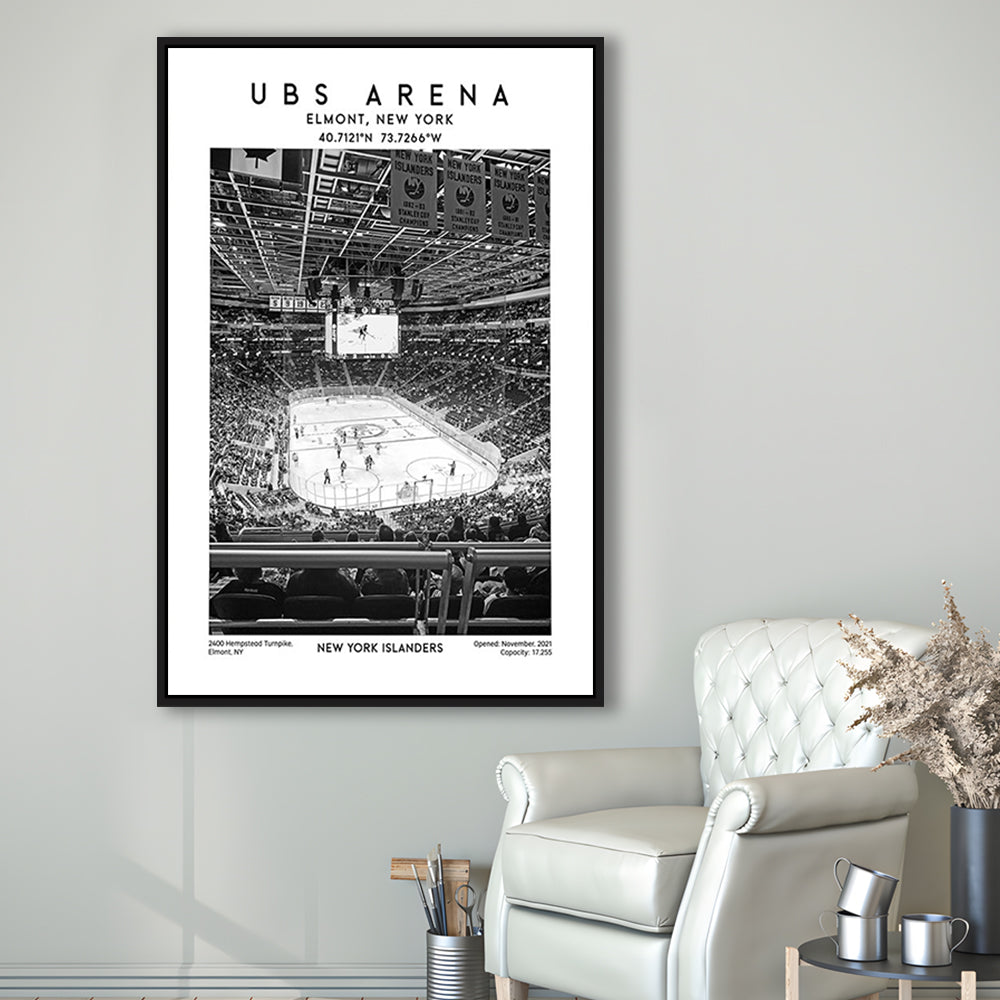 Ubs Arena Stadium Black And White, NY Islanders Hockey Stadium Wall Art Print, Framed Canvas Prints Wall Art