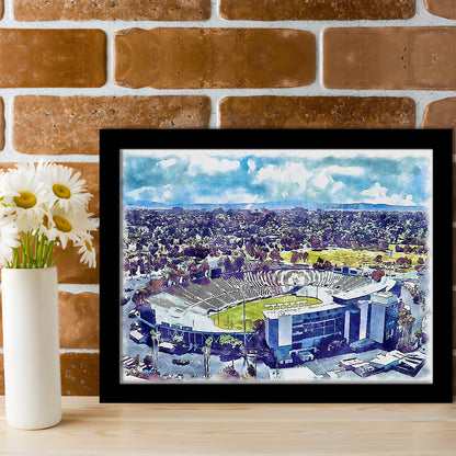 UCLA Painting Bruins, Rose Bowl Watercolor, Sport Gift Art, Framed Art Print Wall Decor
