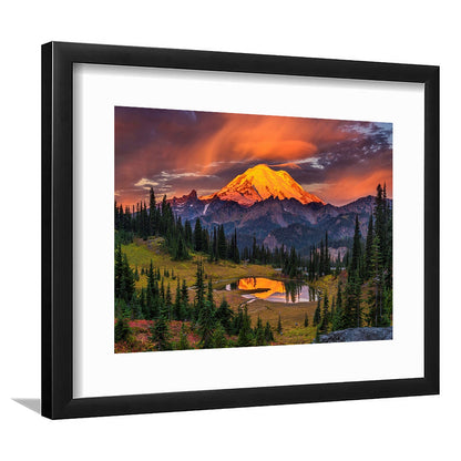Usa Washington Mt. Rainier National Park Mt. Rainier At Sunrise Large Stretched, Framed Art Print White Border