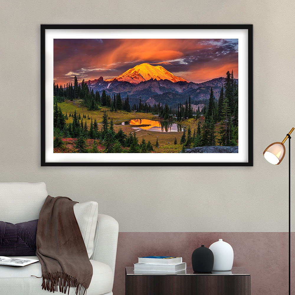 Usa Washington Mt. Rainier National Park Mt. Rainier At Sunrise Large Stretched, Framed Art Print White Border