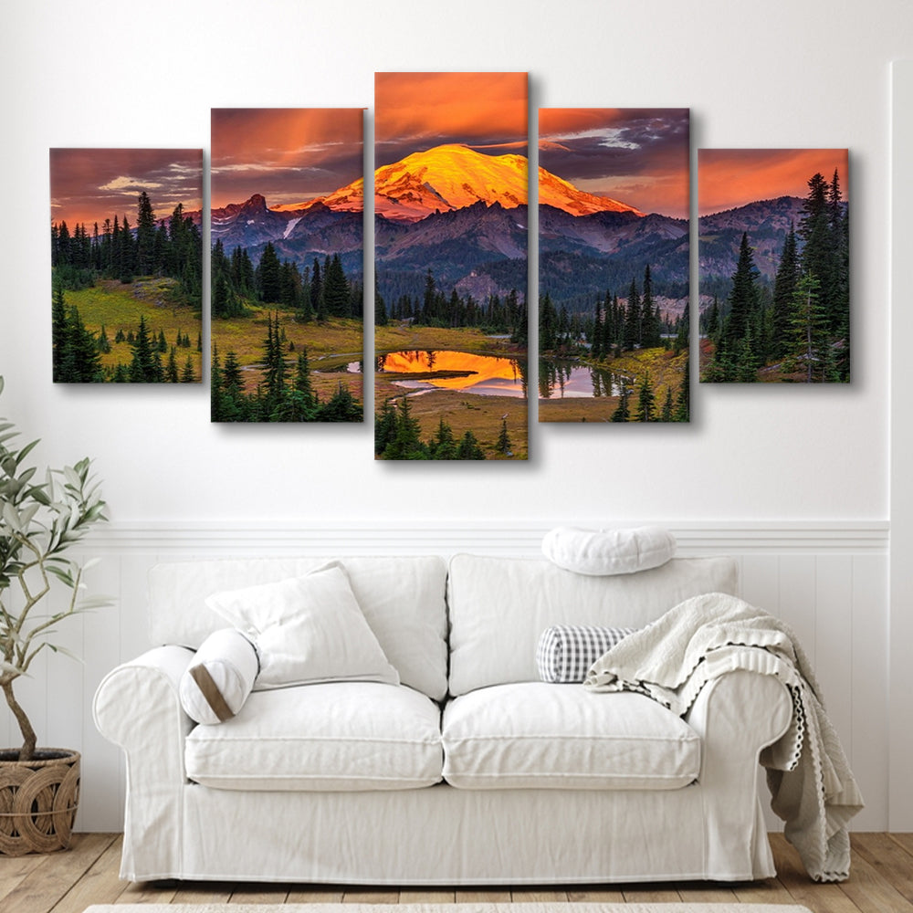USA Washington Mt. Rainier National Park Mt. Rainier At Sunrise Large Stretched Canvas, 5 Piece Large Cavas Print Wall Art