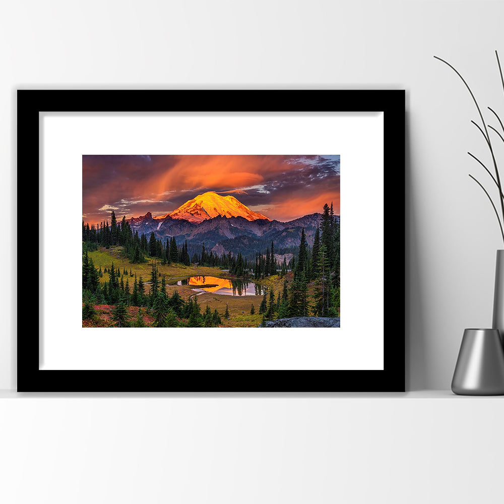Usa Washington Mt. Rainier National Park Mt. Rainier At Sunrise Large Stretched, Framed Art Print White Border