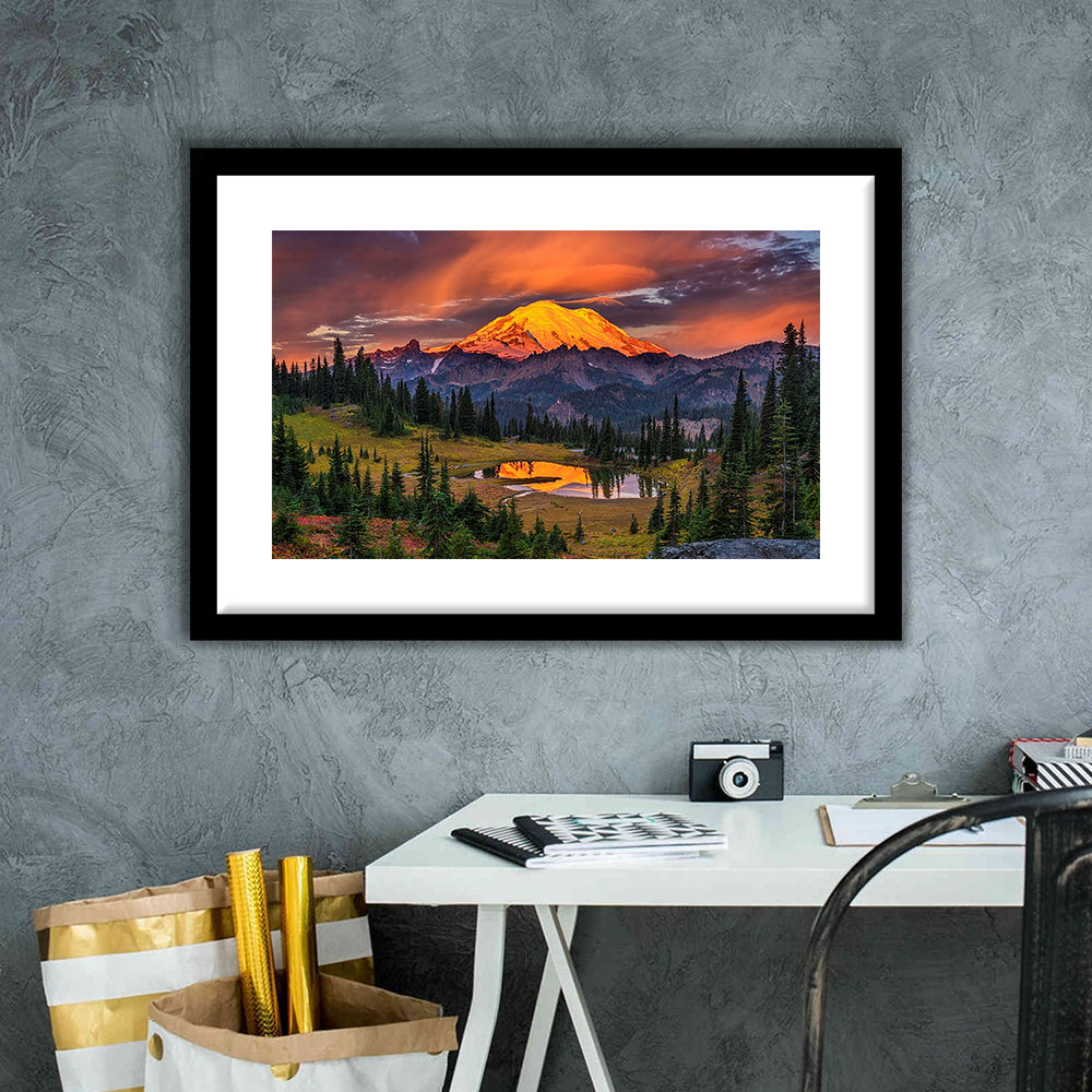 Usa Washington Mt. Rainier National Park Mt. Rainier At Sunrise Large Stretched, Framed Art Print White Border