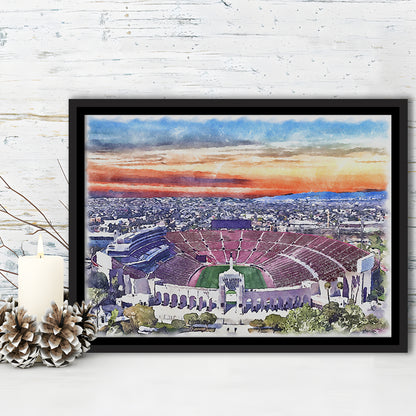 USC Trojans, Los Angeles Memorial Coliseum Watercolor, Sport Gift Art, Framed Canvas Print Wall Art