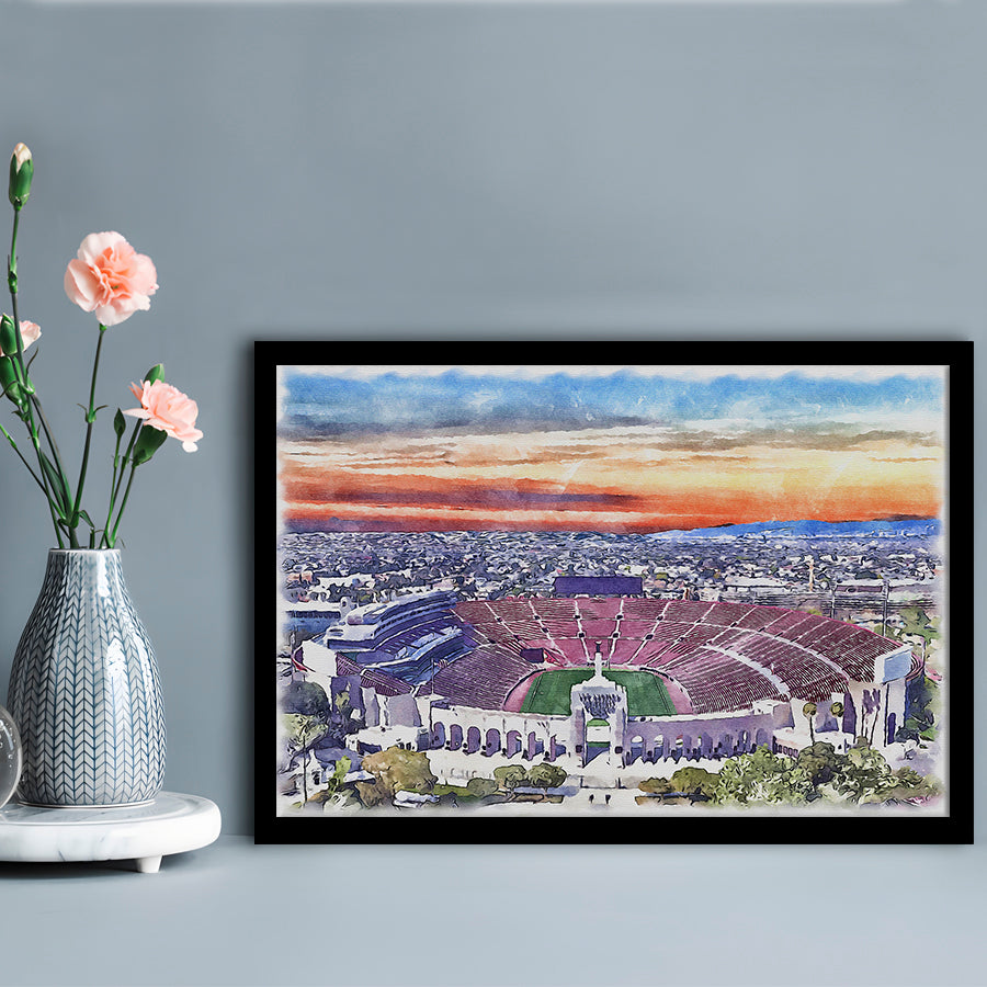 USC Trojans, Los Angeles Memorial Coliseum Watercolor, Sport Gift Art, Framed Art Print Wall Decor