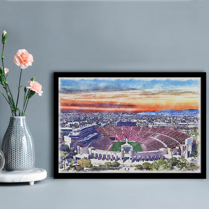 USC Trojans, Los Angeles Memorial Coliseum Watercolor, Sport Gift Art, Framed Art Print Wall Decor