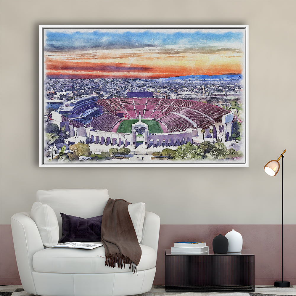 USC Trojans, Los Angeles Memorial Coliseum Watercolor, Sport Gift Art, Framed Canvas Print Wall Art