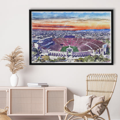 USC Trojans, Los Angeles Memorial Coliseum Watercolor, Sport Gift Art, Framed Canvas Print Wall Art