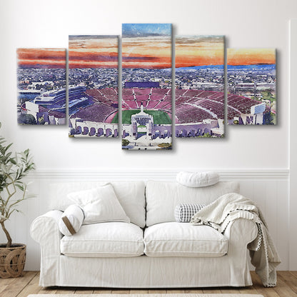 USC Trojans, Los Angeles Memorial Coliseum Watercolor, Sport Art, Mixed 5 Panel, Canvas Print Wall Art
