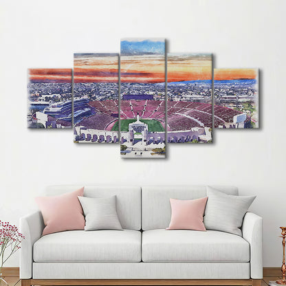 USC Trojans, Los Angeles Memorial Coliseum Watercolor, Sport Art, Mixed 5 Panel, Canvas Print Wall Art