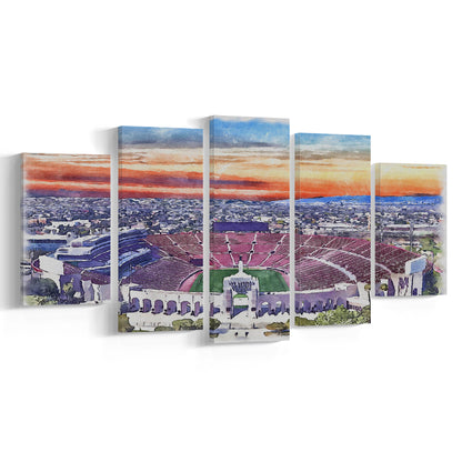USC Trojans, Los Angeles Memorial Coliseum Watercolor, Sport Art, Mixed 5 Panel, Canvas Print Wall Art