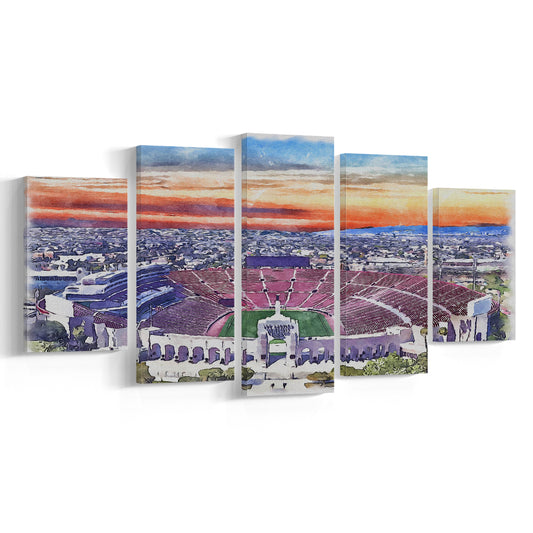 USC Trojans, Los Angeles Memorial Coliseum Watercolor, Sport Art, Mixed 5 Panel, Canvas Print Wall Art