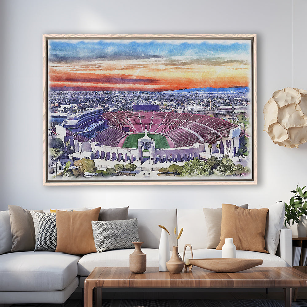 USC Trojans, Los Angeles Memorial Coliseum Watercolor, Sport Gift Art, Framed Canvas Print Wall Art