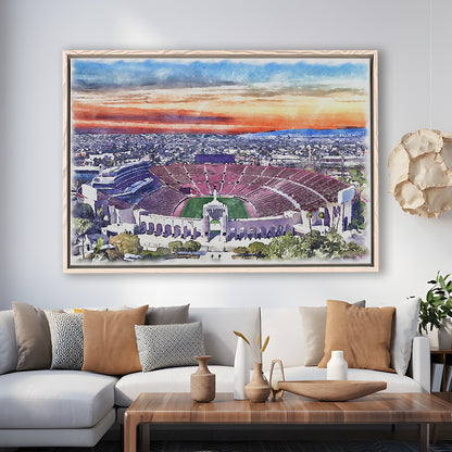 USC Trojans, Los Angeles Memorial Coliseum Watercolor, Sport Gift Art, Framed Canvas Print Wall Art