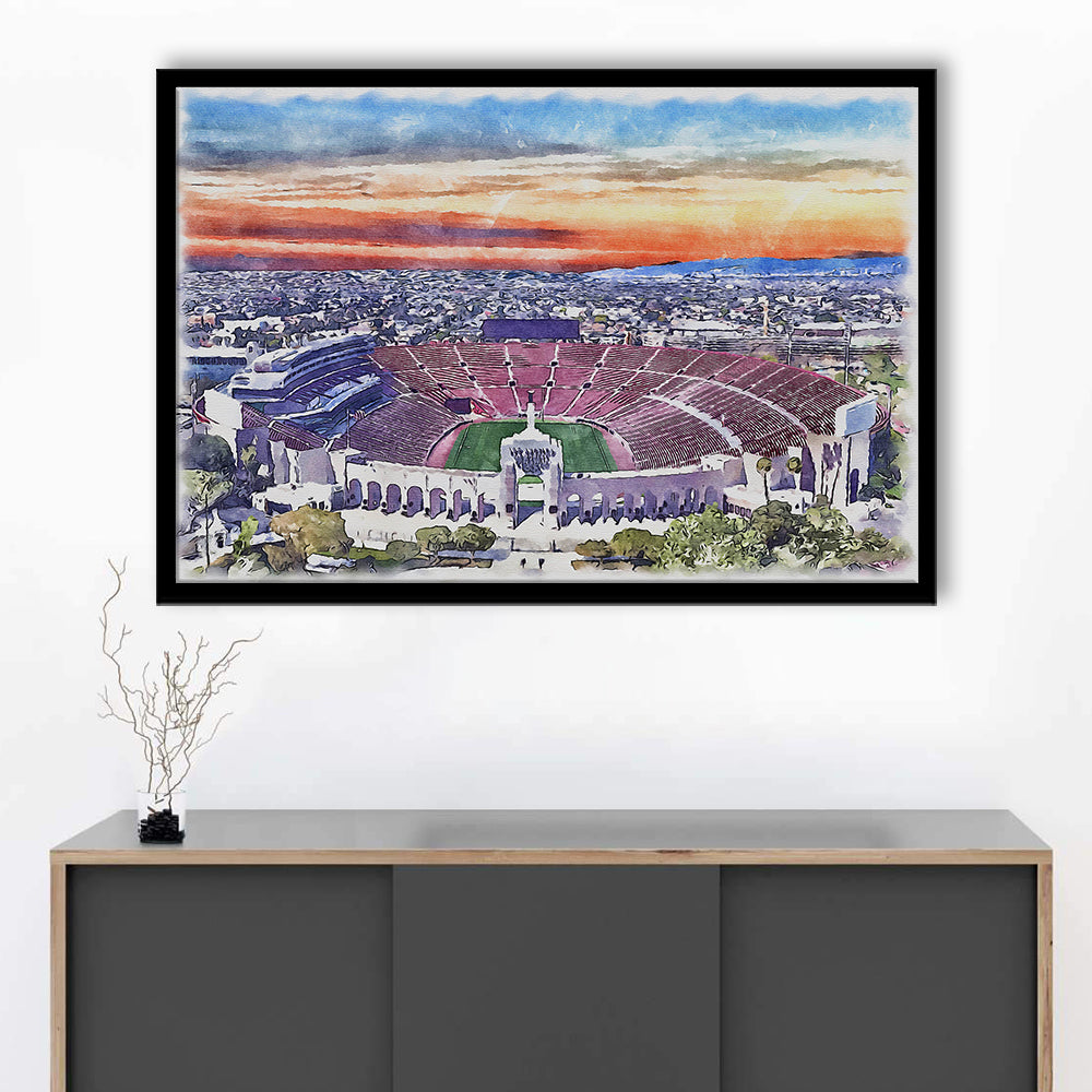 USC Trojans, Los Angeles Memorial Coliseum Watercolor, Sport Gift Art, Framed Art Print Wall Decor