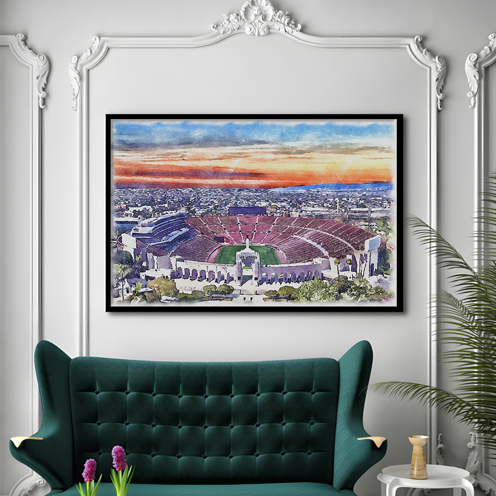 USC Trojans, Los Angeles Memorial Coliseum Watercolor, Sport Gift Art, Framed Art Print Wall Decor