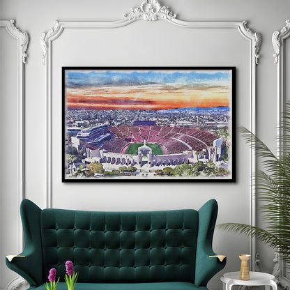 USC Trojans, Los Angeles Memorial Coliseum Watercolor, Sport Gift Art, Framed Art Print Wall Decor