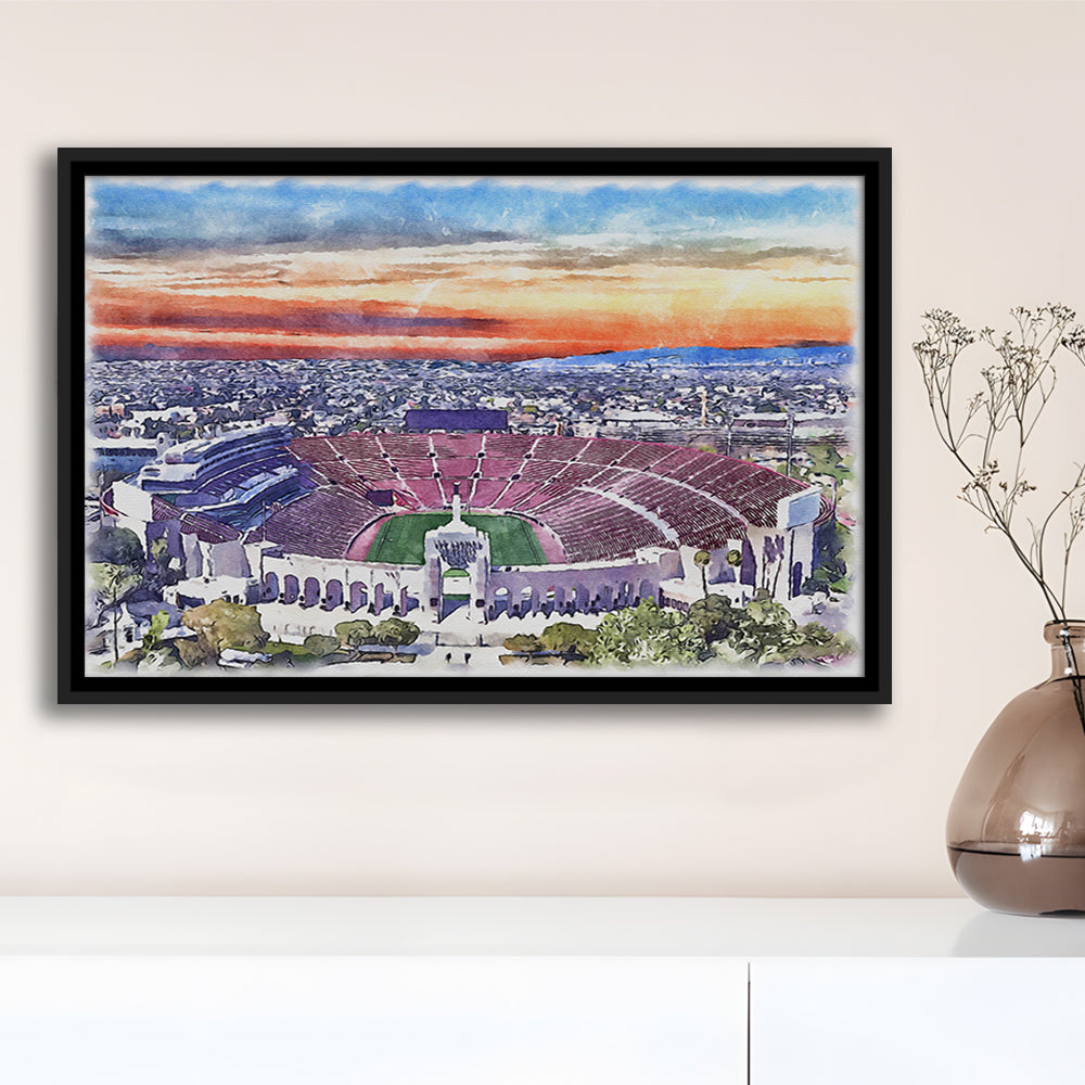 USC Trojans, Los Angeles Memorial Coliseum Watercolor, Sport Gift Art, Framed Canvas Print Wall Art