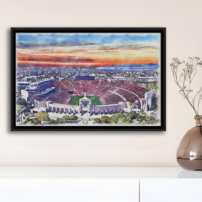USC Trojans, Los Angeles Memorial Coliseum Watercolor, Sport Gift Art, Framed Canvas Print Wall Art
