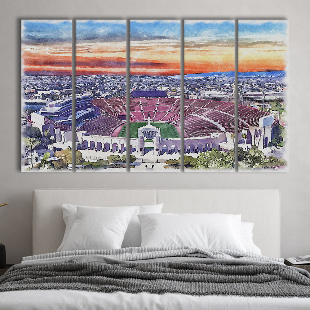USC Trojans, Los Angeles Memorial Coliseum Watercolor, Sport Art, Extra Large Canvas Print Wall Art