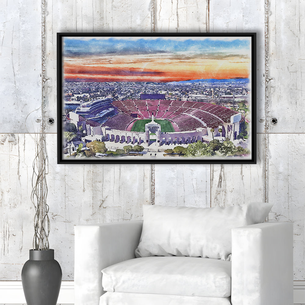 USC Trojans, Los Angeles Memorial Coliseum Watercolor, Sport Gift Art, Framed Canvas Print Wall Art