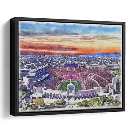 USC Trojans, Los Angeles Memorial Coliseum Watercolor, Sport Gift Art, Framed Canvas Print Wall Art