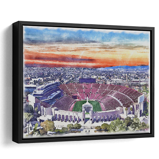 USC Trojans, Los Angeles Memorial Coliseum Watercolor, Sport Gift Art, Framed Canvas Print Wall Art