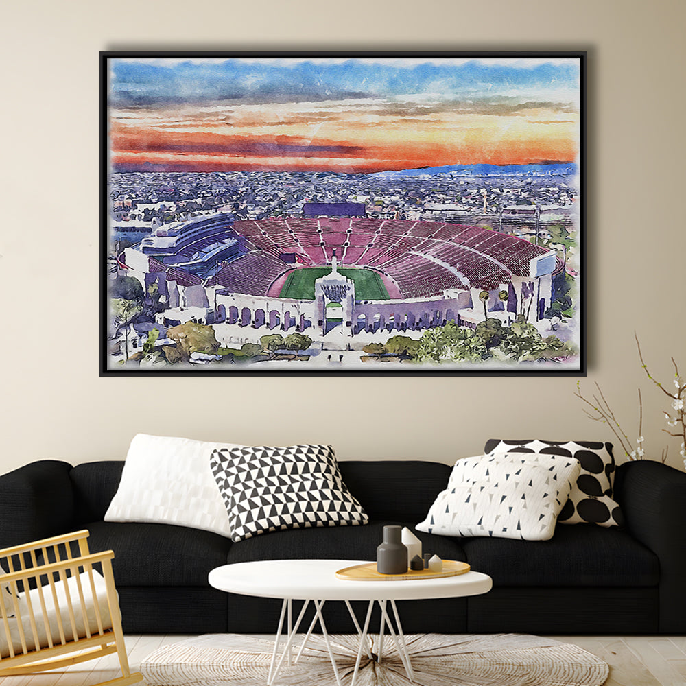 USC Trojans, Los Angeles Memorial Coliseum Watercolor, Sport Gift Art, Framed Canvas Print Wall Art
