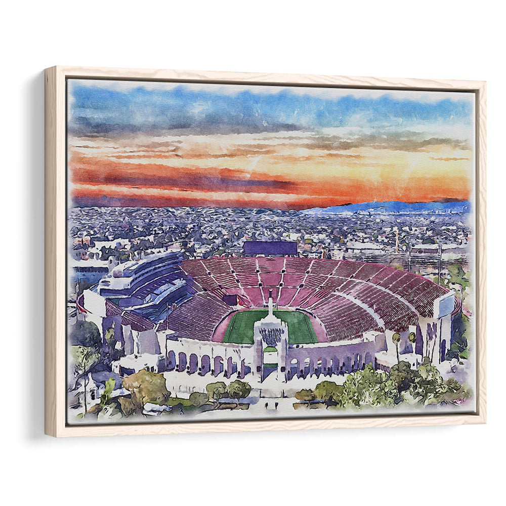 USC Trojans, Los Angeles Memorial Coliseum Watercolor, Sport Gift Art, Framed Canvas Print Wall Art