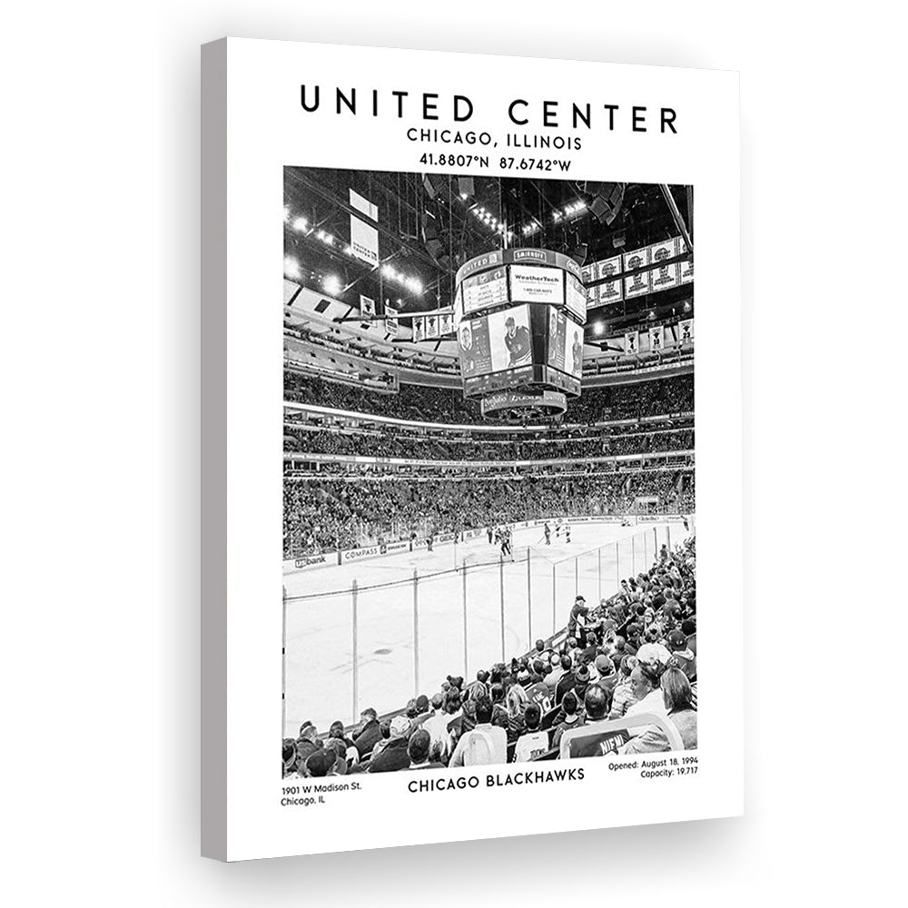United Center Stadium Black And White, Chicago Hockey Stadium Wall Art Print, Canvas Prints Wall Art, Man Cave Decor